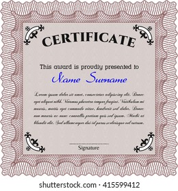 Diploma or certificate template. Vector illustration. With complex background. Lovely design. Red color.