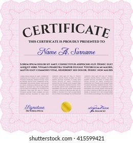 Diploma o plantilla de certificado. Ilustración vectorial. Con un fondo complejo. Bonito diseño. Color rosa.