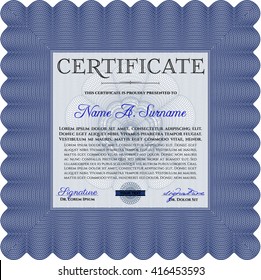 Diploma or certificate template. Vector illustration. Lovely design. With complex background. Blue color.