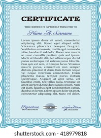 Diploma or certificate template. Vector illustration. With complex background. Lovely design. Light blue color.