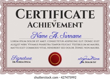 Diploma or certificate template. Vector illustration. With complex background. Lovely design. Red color.