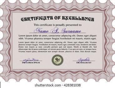 Diploma or certificate template. Vector illustration. Lovely design. With complex background. Red color.