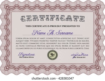 Diploma or certificate template. Vector illustration. Lovely design. With complex background. Red color.