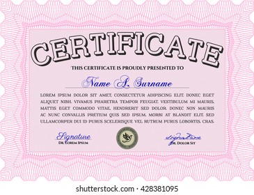 Diploma or certificate template. Vector illustration. Lovely design. With complex background. Pink color.