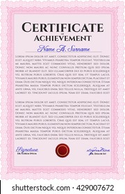 Diploma or certificate template. Vector illustration. Lovely design. With complex background. Pink color.