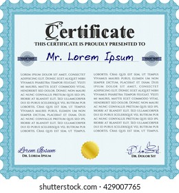 Diploma or certificate template. Vector illustration. Lovely design. With complex background. Light blue color.