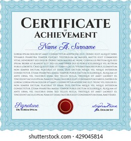 Diploma or certificate template. Vector illustration. With complex background. Lovely design. Light blue color.