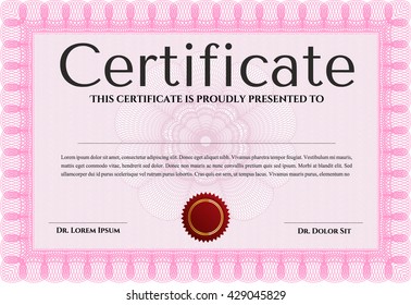 Diploma or certificate template. Vector illustration. With complex background. Lovely design. Pink color.