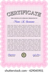 Diploma or certificate template. Vector illustration. With complex background. Lovely design. Pink color.