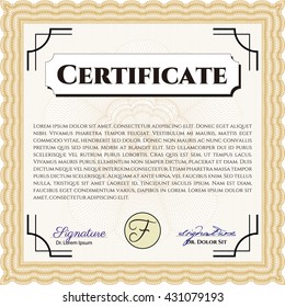 Diploma or certificate template. Vector illustration. With complex background. Lovely design. Orange color.