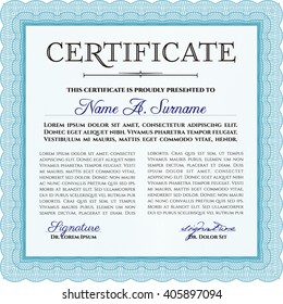 Diploma or certificate template. Vector pattern that is used in currency and diplomas.Superior design. Complex background. Light blue color.