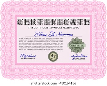 Diploma or certificate template. Vector pattern that is used in currency and diplomas.Complex background. Superior design. Pink color.
