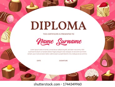 Diploma certificate vector template of kid education, school or kindergarten graduation with chocolate candies background. Student achievement award or appreciation certificate with chocolate desserts