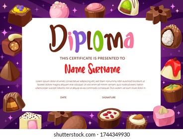 Diploma certificate vector template of kids education. School or kindergarten graduation award, certificate of achievement or appreciation with background of chocolate, truffle and praline candies