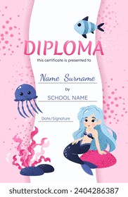 Diploma certificate vertical template with cute little mermaid, fish, jellyfish, seaweed. Vector background for school, preschool, kindergarten. Funny underwater animals in cartoon style.