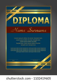 Diploma or certificate vertical template. Elegant blue background with gold. Vector illustration.