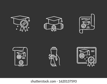Diploma chalk white icons set on black background. School certificate. Graduation confirmation. Academic document. Degree. Education. Notary services. Isolated vector chalkboard illustrations