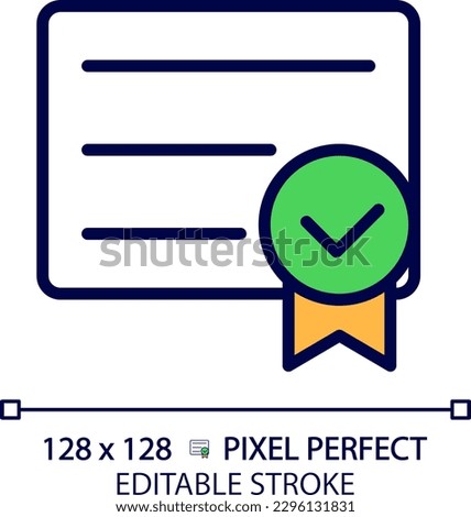 Diploma with check mark pixel perfect RGB color icon. College graduation document. Certificate of course completion. Isolated vector illustration. Simple filled line drawing. Editable stroke