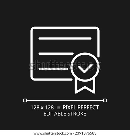 Diploma with check mark pixel perfect white linear icon for dark theme. College graduation. Certificate of course completion. Thin line illustration. Isolated symbol for night mode. Editable stroke