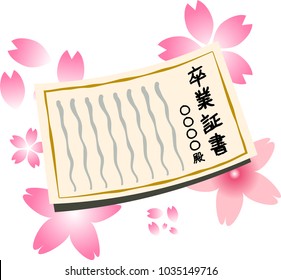 Diploma and cherry blossoms.Text means graduation.