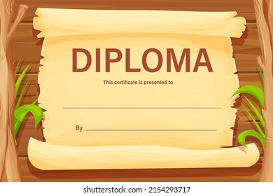 Diploma, child certificate on wooden background with parchment and grass, graduate in cartoon style. 