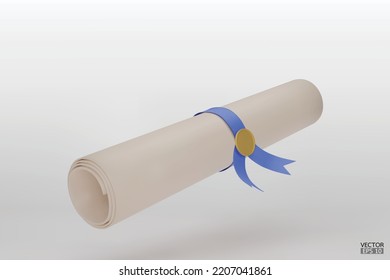 Diploma, cierre del desplazamiento de papel con cinta azul aislada en fondo blanco. Graduación con Medalla. Icono de desplazamiento del certificado de educación.  Ilustración vectorial 3D.