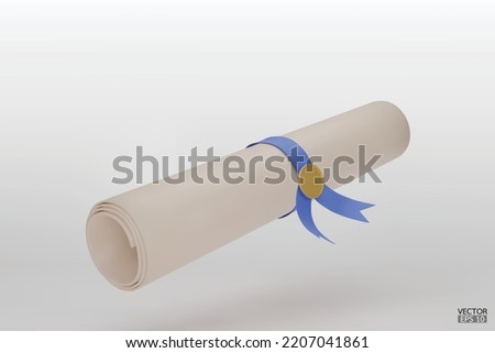 Diploma, close up of paper scroll with blue ribbon isolated on white background. Graduation Degree Scroll with Medal. Education certificate graduation scroll icon.  3D vector illustration.