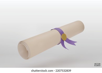 Diploma, close up of paper scroll with purple ribbon isolated on white background. Graduation Degree Scroll with Medal. Education certificate graduation scroll icon.  3D vector illustration.