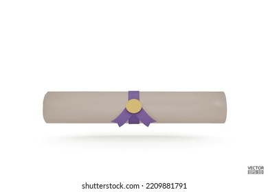 Diploma, close up of paper scroll with purple ribbon isolated on white background. Graduation Degree Scroll with Medal. Education certificate graduation scroll icon.  3D vector illustration.