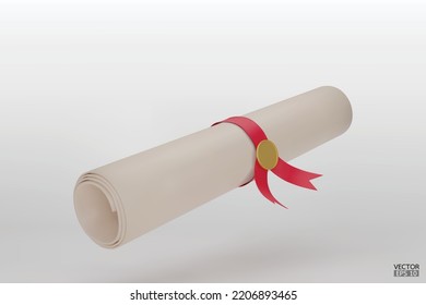 Diploma, cierre del desplazamiento de papel con cinta roja aislada sobre fondo blanco. Graduación con Medalla. Icono de desplazamiento del certificado de educación.  Ilustración vectorial 3D.