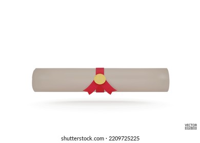 Diploma, close up of paper scroll with red ribbon isolated on white background. Graduation Degree Scroll with Medal. Education certificate graduation scroll icon.  3D vector illustration.