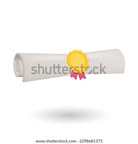 Diploma, close up of paper scroll with red ribbon and golden medal isolated on white background. Graduation Degree Scroll with Medal. Education certificate graduation scroll icon. 3D vector
