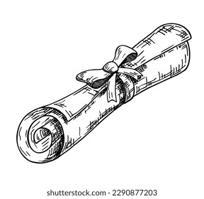 Diploma, close up of paper scroll with ribbon isolated on white background. Graduation Degree Scroll sketch. Education certificate graduation scroll. Vector illustration.