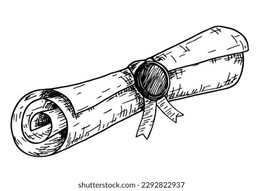 Diploma, Nahaufnahme einer Papierrolle mit Band und Siegel einzeln auf weißem Hintergrund. Abitur-Grad-Scroll-Skizze. Bildungs-Abitur-Scroll. Vektorgrafik.