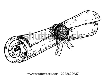 Diploma, close up of paper scroll with ribbon and seal isolated on white background. Graduation Degree Scroll sketch. Education certificate graduation scroll. Vector illustration.