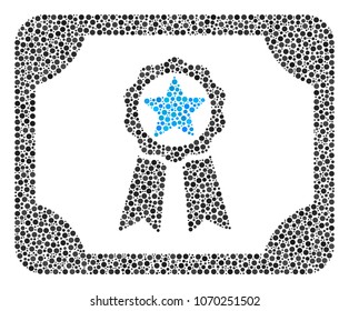 Diploma collage of round dots in various sizes and color hues. Small circles are grouped into diploma vector collage. Dotted vector design concept.