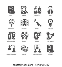 Diploma, Company, Quit, Search, Job search, Hiring, Skills, Video conference icon 16 set EPS 10 vector format. Icons optimized for both large and small resolutions.