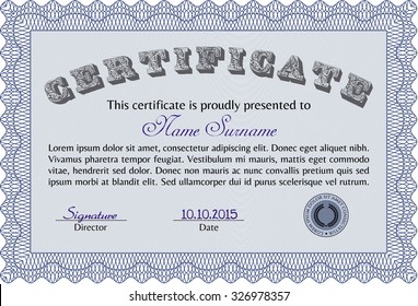 Diploma. With complex background. Border, frame.Cordial design. 