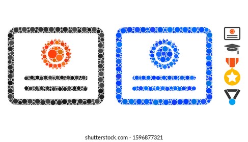 Diploma composition of small circles in different sizes and shades, based on diploma icon. Vector small circles are organized into blue mosaic. Dotted diploma icon in usual and blue versions.