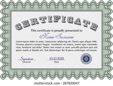 Diploma. Cordial design. With guilloche pattern and background. Vector certificate template.