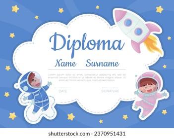 Diploma with Cute Kid Astronaut Character in Space Suit Vector Template