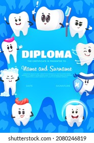 Diploma Of Dental Care, Cartoon Tooth With Brush, Paste And Mouth Rinse. Vector Kids Certificate With Funny Clean Happy Teeth With Toothpaste And Protective Shield. Hygiene Characters Oral Care Border