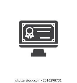 Diploma mostrado en un ícono de Vector de pantalla de computadora. cartel plano lleno para concepto móvil y Diseño web. Icono de glifo de diploma digital. Símbolo, ilustración del logotipo. Gráficos de Vector