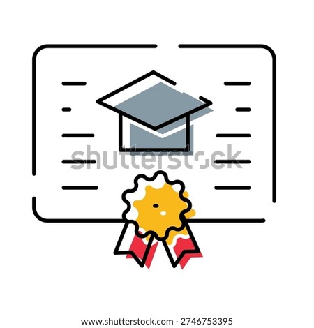 Diploma document with a graduation cap icon and an award ribbon seal, representing academic achievement, professional certification, and successful completion of studies