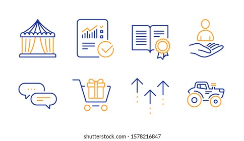 Diploma, Dots message and Circus tent line icons set. Recruitment, Swipe up and Checked calculation signs. Shopping cart, Tractor symbols. Document with badge, Chat bubble. Business set. Vector