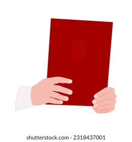 Diploma of education in hands on a white background. Simple vector illustration.