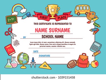 Diploma for elementary school. Cute template with frame of cartoon school objects and symbols on blue background