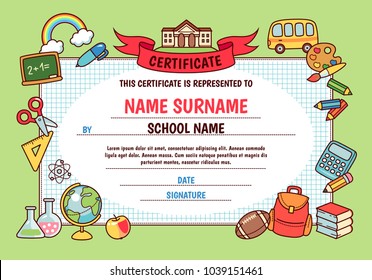 Diploma for elementary school. Cute template with frame of cartoon school objects and symbols on green background