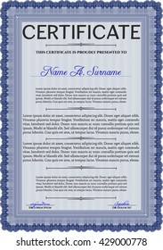 Diploma. Excellent design. With background. Border, frame. Blue color.