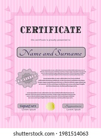 Diploma.  Excelente diseño.  Fácil de imprimir.  Detallado.  Color rosa.